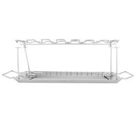 Soporte para alitas de pollo con 14 ranuras - Fabricado en acero inoxidable - Incluye bandeja de recogida - Plegable - Ideal para barbacoas y picnics - Dimensiones: 350 x 145 x 115 mm - Estructura par