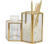 Soporte para brochas de maquillaje Unyqoos®: organizador de cosméticos dorado con base de vidrio, superficie color cobre, ideal para guardar brochas, labiales y joyas