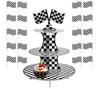 Soporte para cupcakes de carreras de 3 pisos, con 5 piezas, diseño de bandera de carreras a cuadros, suministros para fiestas, cupcakes, torre para cumpleaños, fiestas, panecillos, tartas