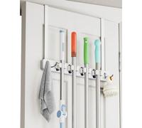 Soporte para escobas Unyqoos® para puerta: Almacenamiento para escobas y utensilios de limpieza con 4 estantes, 2 ganchos, protectores resistentes a los arañazos, y estructura de madera y metal