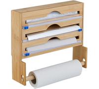 Soporte para film de cocina con dispensador de rollos de cocina - Para colgar en la pared - 31x36x10 cm - Bambú - Cortador de film - Cocina - Natural