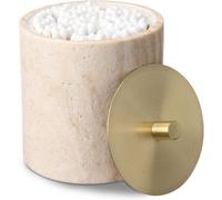 Soporte para hisopos de algodón con nivel de latón - Contenedor de travertino beige para hisopos, dimensiones: 9 cm de largo x 11 cm de alto - Contenedor de mármol redondo y moderno