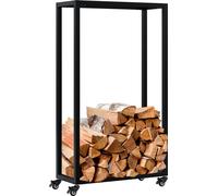 Soporte para leña de metal con ruedas y sistema de fijación, diseño lineal