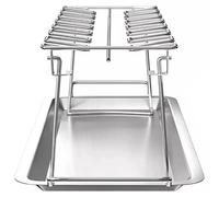 Soporte para muslos de pollo de acero inoxidable - Estructura plegable para barbacoa - 14 ranuras - Bandeja recoge gotas - Seguro de uso - Estabilidad y fácil almacenamiento - Rejilla para barbacoa