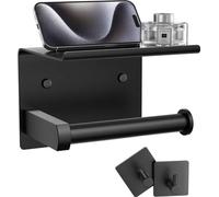 Soporte para papel higiénico Ibenzoa® con compartimento para teléfono móvil y ganchos para toallas, color mate, acero inoxidable, ganchos con capacidad de hasta 5 kg, se puede fijar con adhesivo o con