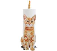 Soporte para papel higiénico Ibenzoa® con forma de gato, fabricado en metal cortado a láser, color naranja. Presenta un diseño realista con rayas en la parte frontal y cola. Soporte para 3 rollos de p