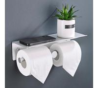 Soporte para papel higiénico Unyqoos® sin necesidad de taladro, con espacio de almacenamiento, de montaje en pared con adhesivo, de aluminio, para doble rollo (2 rollos), 31 cm, color plateado, resist