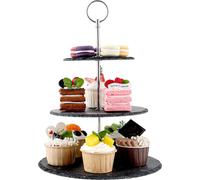 Soporte para pasteles de tres niveles, hecho de metal y con detalles en pizarra natural, con diámetros de 15 cm, 20 cm y 25 cm, ideal para postres