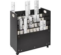 Soporte para planos enrollados con 50 compartimentos, carrito de almacenamiento de planos de madera con ruedas