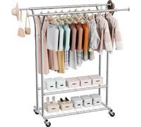 Soporte para ropa VEVOR, perchero móvil con 2 barras para colgar y 2 estantes, capacidad de carga de hasta 120 kg, perchero ajustable en altura fabricado en acero al carbono, ideal para dormitorios y