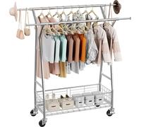 Soporte para ropa VEVOR, perchero móvil con 2 barras para colgar y cesta de almacenamiento, capacidad de hasta 150 kg, extensible, fabricado en acero al carbono, ideal para dormitorios, lavaderos y sa