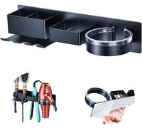 Soporte para secador de pelo Ibenzoa® para pared, sin necesidad de taladro, color mate, acero inoxidable resistente al calor, con 2 compartimentos, sistema de almacenamiento de cables y almohadilla de