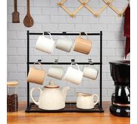 Soporte para tazas de café con superficie de almacenamiento – 40 x 15 x 41 cm – Estante para tazas con 14 ganchos – Organizador de metal de 2 niveles para cocina o barra de té/café