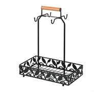 Soporte para tazas de café de metal para encimera de cocina con 4 ganchos y estante para cápsulas, estructura de hierro resistente con mango de madera para guardar tazas, bolsas de té y cremas, negro