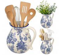 Soporte para utensilios de cocina de cerámica con asa, diseño vintage de | Soporte para utensilios de cocina de estilo rústico con boquilla, 17 x 15,5 cm, recipiente para cubiertos, cucharas y flores