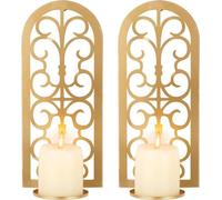 Soporte para velas de pared Unyqoos® (pack de 2) – Candelabros de pared metálicos, color dorado, 33 x 14 cm, diámetro del plato para velas 9 cm, para velas tipo stump, incluye 2 tornillos, decoración 