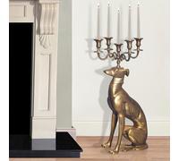 Soporte para velas WOHNLING, diseño de galgo, aluminio dorado, 69 cm, candelabro de 5 brazos, soporte para velas de metal para cinco velas, base estable, diseño moderno