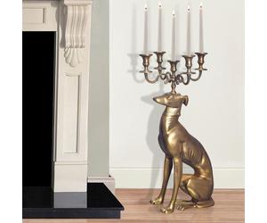 Soporte para velas WOHNLING, diseño de galgo, aluminio dorado, 69 cm, candelabro de 5 brazos, soporte para velas de metal para cinco velas, base estable, diseño moderno