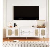 Soporte retro para televisión, 177 cm de altura, con pomos dorados, 2 cajones, puerta de ratán y patas de madera maciza, color blanco