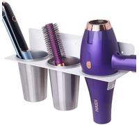 Soporte Unyqoos® 3 en 1 para secador de pelo, plancha y rizador: recipiente de acero inoxidable resistente al calor, gestión de cables, almohadilla adhesiva 3M o montaje con tornillos
