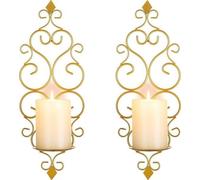 Soportes de pared dorados para velas – Juego de 2, soportes para velas y velas pequeñas, estilo barroco vintage, decoración para sala de estar