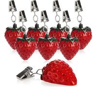 Soportes para mantel Unyqoos® con abrazadera metálica – Juego de 8 unidades, diseño de fresas, plástico/metal, diámetro aproximado de 4,5 cm, peso aproximado de 25 g por unidad, color rojo/verde/blanc