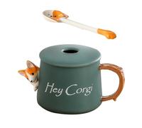 Sosoport Taza de Cerámica Verde Práctica Rebabas con Diseño de Cabeza de Corgi en 3d, con Tapa y Cuchara para Café y Otras Bebidas