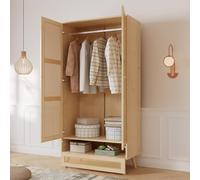 Soweiz Armario con barra, armario de 2 puertas, dormitorio, red de ratán, sala de estar, con tapa inferior abatible, tableros de partículas+ratán de polietileno, natural