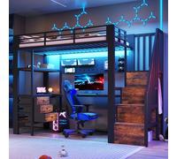 Soweiz Cama alta de metal, superficie de apoyo, cajón, pared perforada, mesa, enchufe eléctrico, luz LED, sin colchón (negro, 90 x 200 cm)