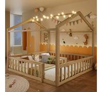 Soweiz Cama baja con somier, 90x190cm*2/180x190cm, cuna para niños con rejilla, barandilla, madera de pino, sin colchón, perlas LED (Natural)
