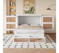 Soweiz Cama de pared con somier de láminas, cama para armario, 140 x 200 cm, cama plegable de pared, cama vertical con somier de láminas, cama de madera con cajones, diseño ratán, cama para niños
