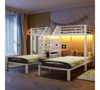 Soweiz Litera, 90 × 200 cm, 140 × 200 cm, 3 Camas, con Tira de Luces LED, Escalera con Espacio de Almacenamiento, con 2 Puertos USB + 1 Toma de Corriente