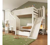Soweiz Litera infantil de 90 × 200 cm con tobogán, armario, cajones grandes y estante abierto, color blanco, somier de lamas, sin colchón
