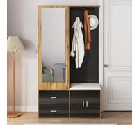 Soweiz Moderno Armario de Entrada, Set de Guardarropas con Espejo, Zapatero, Banco de Zapatos con Ganchos y Barra de Ropa Extensible, 100x38x180cm (Negro y Color Madera)