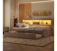 Soweiz Sofá cama, cama de día, iluminación ambiental teledirigida, compartimento de almacenamiento lateral de la cama, cama extraíble, enchufe + USB, sin colchón, camas para niños y niñas (natural, 90