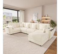 Soweiz Sofá modular de 6 plazas, diseño de esquina, con conectores USB y tipo C, portavasos y espacio de almacenamiento, tela de chenilla, incluye 7 cojines (beige)