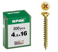Spax 1080000000000 - Tornillo universal de 4,5 x 16 mm, 200 piezas, barranco, de cabeza phillips para 4cut, rosca completa, amarillo de zinc pasivado a2l