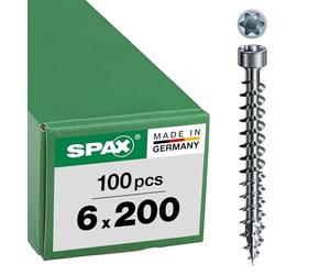SPAX 1211010602005 - Tornillo para madera, 6,0 x 200 mm, 100 unidades, T-Star Plus, cabeza cilíndrica, rosca completa, 4CUT, Wirox A3J, 1211750602005, 10