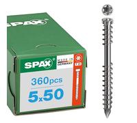 SPAX Tornillo para Terrazas 5 x 50 mm, 360 pzas., T25, Acero Inoxidable A2 | Tornillos para madera con rosca de fijación anticrujidos, punta CUT y cabeza cilíndrica para cubiertas y exteriores