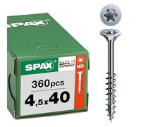 SPAX Tornillo Universal 4,5 x 40 mm, 360 pzas., T-STAR plus T20, WIROX | Tornillos para madera de rosca parcial con punta 4CUT y cabeza avellanada MULTI, ideales para interiores, plateado