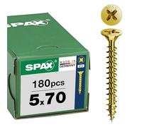 SPAX Tornillo universal 5 x 70 mm, 180 unidades - Tornillos para madera, rosca completa, cabeza avellanada, ranura en cruz Z2, 4CUT, recubrimiento YELLOX - 8000000288159