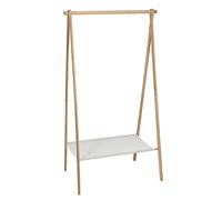 Spetebo Perchero de bambú con estante de tela - 155 x 86 cm - Perchero de pie de madera con barra para colgar ropa - Soporte de pie de madera de bambú plegable