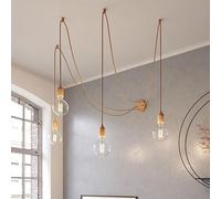 Spider a pared - Lámpara de suspensión múltiple con 4 caídas Made in Italy con cable textil y acabados en madera - Sin bombilla, Neutro