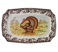 Spode 1397998 Woodland - Fuente rectangular para servir pavo, porcelana, marrón/blanco