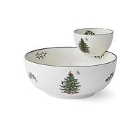 Spode Juego de 2 piezas para servir patatas fritas y salsas escalonadas de árbol de Navidad, juego festivo de 2 piezas para entretener y servir aperitivos de vacaciones, diseño icónico de árbol de