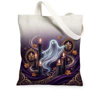 Spooky Ghost And Candles - Bolsa de lona para Halloween, 33 x 38 cm | Velas brillantes, marcos dorados ornamentados, hojas de otoño que caen, ambiente místico, estética gótica