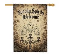 Spooky Ghosts - Bandera de casa con cita de Halloween, 71 x 101 cm | Texto de espíritus espeluznantes, bandera de césped, candelabro ornamentado, follaje otoñal, telarañas, estética vintage