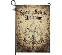 Spooky Ghosts - Bandera de jardín con cita de Halloween, 30,5 x 45,7 cm | Texto de espíritus espeluznantes, bandera de césped, candelabro ornamentado, follaje otoñal, telarañas, estética vintage