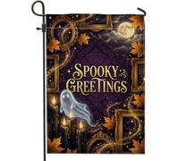 Spooky Greetings Ghost - Bandera de jardín con cita de Halloween, 30,5 x | Marcos ornamentados dorados, bandera de césped, velas brillantes, hojas de arce que caen, horizonte nocturno de luna llena