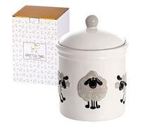 SPOTTED DOG GIFT COMPANY Bote Cocina Almacenaje Blanco de Cerámica con Tapa, 1250 ml Tarro de Almacenamiento para Café Azúcar Té con Diseño de Ovejas, Regalos para Amantes de los Animales